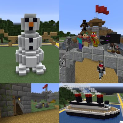 Examples of Minecraft creations from summer activities.