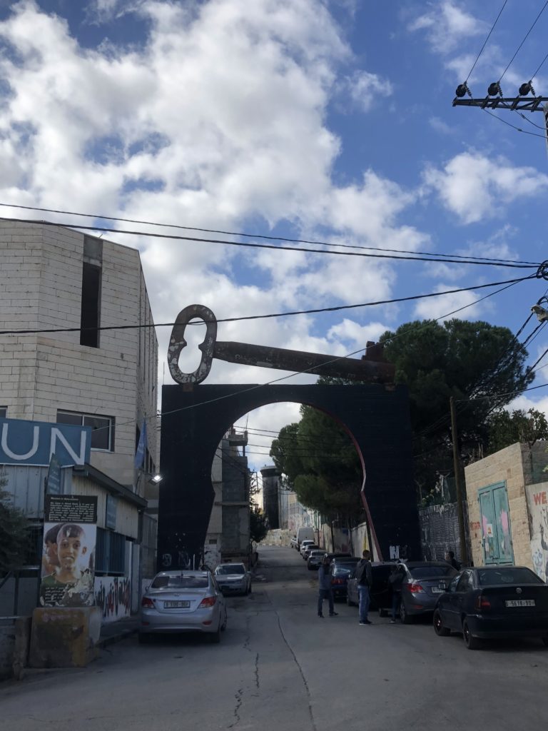 The gate to Aida Refugee Camp near Bethlehem. The key represents the right of all Palestinians to return to their homes.